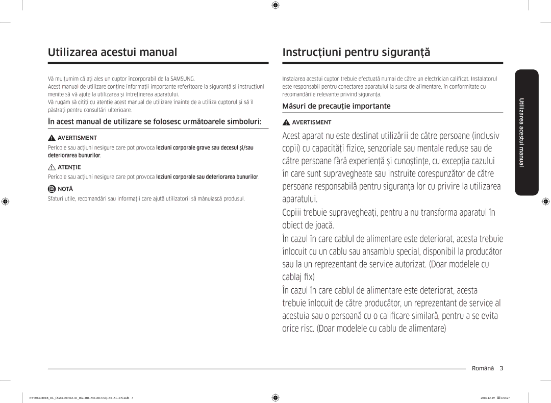 Samsung NV70K2340RB/EO Instrucţiuni pentru siguranţă, Utilizarea acestui manual, Măsuri de precauţie importante, Română  